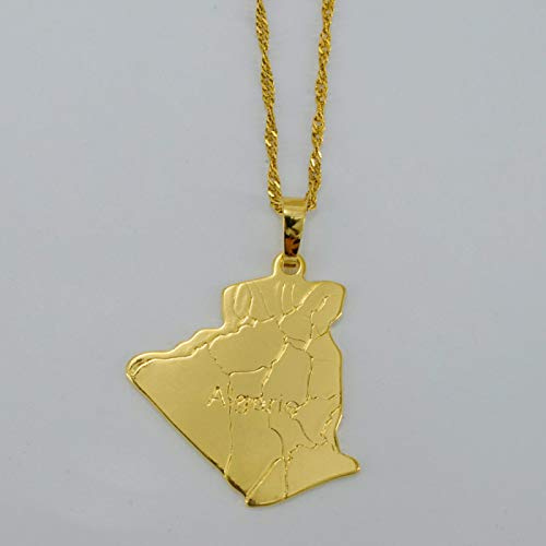YUANYIRAN Carte De L’Algérie Colliers Pendentifs - Charme Afrique Pays Cartes Drapeau Colliers À Chaîne Mince, Patriotic Or Couleur Carte Hip Hop Bijoux pour Femmes Hommes Fête Cadeau, 45Cm