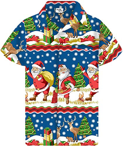 King Kameha Funky-Hawaii-Hemd, Weihnachten, Herren, Kurzarm, Christmas-Border-Print, Blau, 5XL
