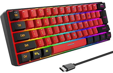 Snpurdiri 60% Wired Gaming Keyboard, True RGB Backlit Ultra-Compact Water-Resistant Mini Keyboard, 61 Keys for PC/Mac Gamers Typists Travel, Easy to Carry on Business Trips, Black-Red (QWERTY Layout)