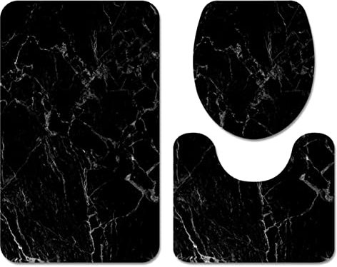 Badezimmer Teppich Set Anti-Rutsch für Memory-Schaum Badematte Toilettenabdeckung 3-teilig, 3D Marmor Muster Flanell U-förmiger Konturteppich, Fußmatte, Deckelabdeckung (Schwarz,40×60 cm 3PCS)