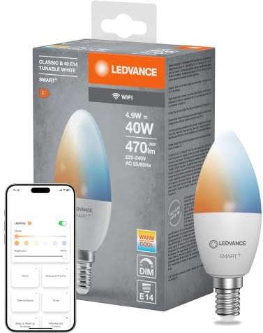 LEDVANCE Smarte LED-Lampe mit WiFi Technologie, Sockel E14, Dimmbar, Lichtfarbe änderbar (2700-6500K), ersetzt Glühlampen mit 40 W, SMART+ WiFi Candle Tunable White, 1er-Pack
