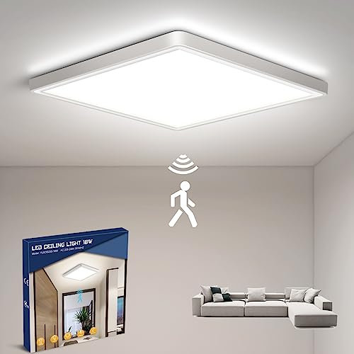 Letlit Lampe Deckenlampe mit Bewegungsmelder Innen, 18W LED Deckenleuchte Radar Bewegungssensor, IP44 4000K Ultraslim Flach Wandleuchte Eckig für Flur Treppe Küche Balkon Abstellraum Keller 23×2,4cm