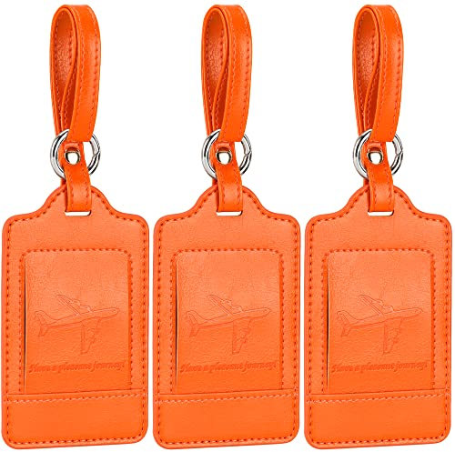 Teskyer 3 Stück Kofferanhänger, Kofferanhänger mit Adressschild, PU Leder Kofferanhänger Flugreise, Zerklüftet, Schutz der Privatsphäre, Schnelle Identifikation, Gepäckanhänger, Orange