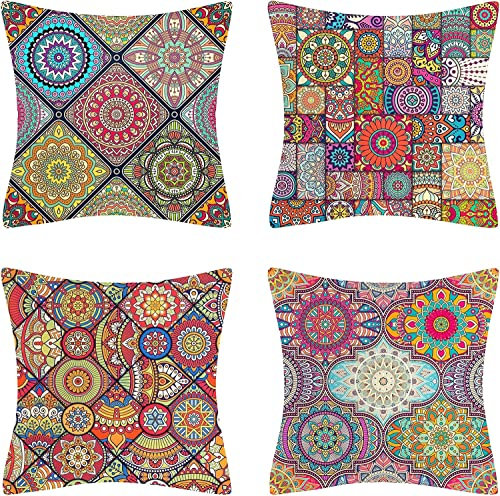 Kissenbezug 50x50 Boho Mandala Outdoor Kissen Sofakissen Dekokissen Kissenhülle Baumwolle Leinen Hippie Böhmischen Geometrie Muster Kissenbezüge für Sofa Schlafzimmer Buchladen Verein Büro 4er Set