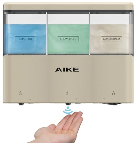 AIKE Duschseifenspender für Badezimmer, 3 x 320 ml automatischer Seifenspender zur Wandmontage, Seifenspender aus Kunststoff ohne Bohren, geeignet für flüssiges Duschgel, Shampoo und Spülung