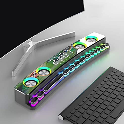 Barra de Sonido USB y Bluetooth para Computadora, Luz RGB Dinámica, Altavoz para Computadora con 2 Subwoofer de 6 W, 13 Teclas Mecánicas, Soporte para Altavoz de Escritorio, (Negro)