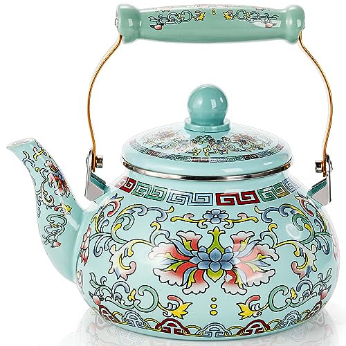 Pumtus 2.6 Quart Floral Enamel Tea Kettle, Vintage Enameled Teapot Stovetop, Enamel on Steel Water Coffee Tea Pot with Ceramic Handle, Colorful Hot Water Kettle for Home Kitchen Decor, No Whistling