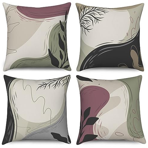 ASDCXZ Kissenbezug 40x40 cm 4er Set, Modern Abstrakt Kunst Boho Style Graffiti Beige Sofa Dekokissen Kissenbezüge Kissenhülle Waschbar Polyester Flachs Textil Outdoor Kopfkissenbezug Kissen Bezug