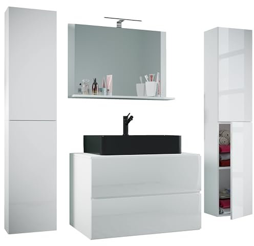 VCM 5-TLG. Waschplatz Waschtisch | schwarzes Waschbecken Unterschrank Breite 60 cm | Badmöbel Set mit Schubladen Drehtüren Spiegel | Lendas S BL