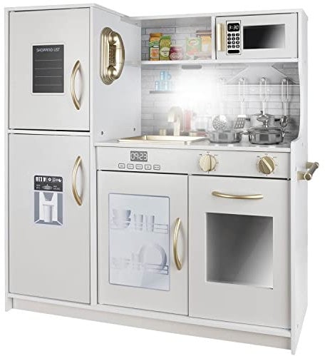 KRUZZEL Kinderküche Weiß - Spielküche Zubehör Lehrreich - Essensspielzeug für Jungen und Mädchen ab 3 Jahren - Realistischen Details Mit Wasserhahn, Kühlschrank, Mikrowelle, Backofen 22116