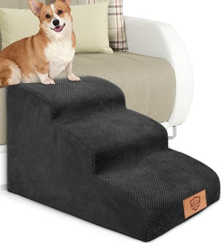 MASTERTOP Dog Steps for Bed, 3-Steps High Density Foam Dog Stairs for Small Injured Older Pets, Dogs Ramp with Removable Cover, Non-Slip Pet Stairs for Indoor Sofa Couch Bed - Black, 60 x 40 x 40cm