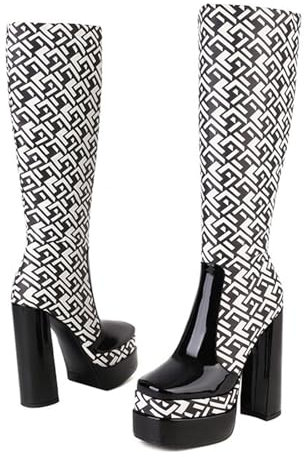 Stivali Lunghi di Grandi Dimensioni 14 Cm Stivali con Tacco Grosso E Punta Quadrata Stivali con Tacco Alto da Donna Unisex per L'autunno E l'inverno,Bianca,45 EU