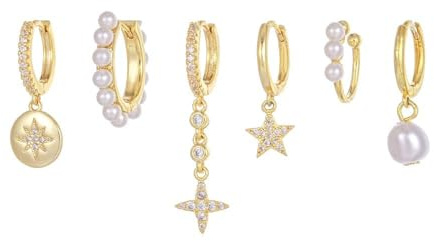 TOFBS Stern Creolen Ohrringe Set Perle Anhänger Kristall Schmuck Damen Silber Huggie Hoop Ohrstecker Elegant Zirkonia Schmuckset