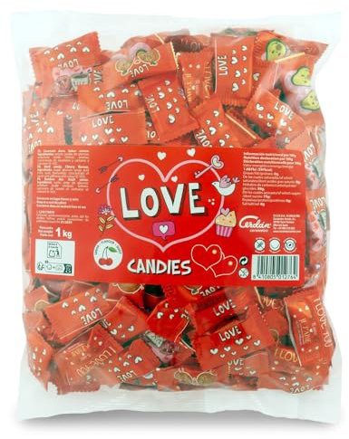 Caramelos Cerdán - Caramelos con Forma de Corazón Love | 333 Unidades | Sabor Cereza | Caramelo Sin Gluten ni Alérgenos | Ideal para San Valentín, Fiestas, y Cumpleaños - Bolsa de 1 Kg