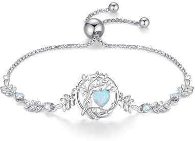 FANCIME Bracelet Arbre de Vie Femme, Argent Sterling 925 Plaqué Or Blanc 14K avec Pierres de Opale, Bijou Cadeau Anniversaire, Longueur Réglable