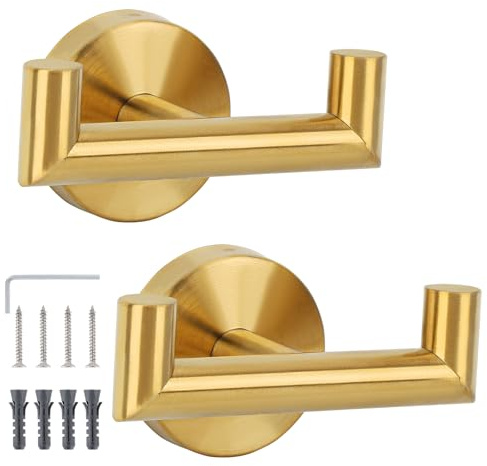 Segus Handtuchhaken zum Bohren, 2 Stück Kleiderhaken, Wandhaken Edelstahl, Duschhaken Wasserdicht, Küchenhaken Golden, Wandhaken für Geschirrtuch, Bademantel