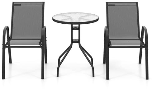 TANGZON 3 Pieces Patio Bistro Set, Round Outdoor Glass Dining Table and 2 Stacking Chairs, Metal Frame Garden Dining Furniture Sets for Balcony Porch Backyard Poolside Lawn