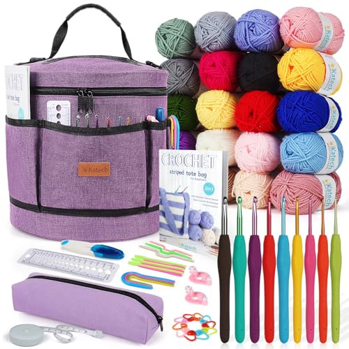 Katech Komplettes Häkelsets für Anfänger, Große Aufbewahrungstasche in Violett für Stricksets/Häkelzubehör & 9 Ergonomische Häkelnadeln 2,0-6,0mm & 20 Wolle zum Häkeln Stricken, Häkelbuch, Lila