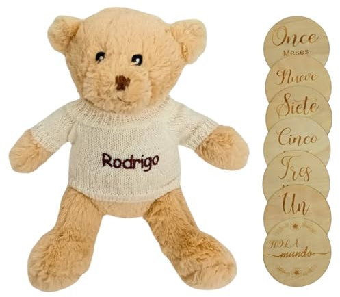 BALÚ Oso de Peluche Personalizado para Bebé Recién Nacido y 7 Placas Cumplemés Grabadas Doble Cara, Regalos Originales para Bebé y Baby Shower, Set de Regalo para Bebé, Osito Peluche (Beige)
