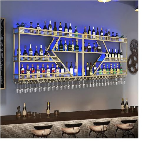Portabottiglie da parete per bicchieri di vino, mensole galleggianti in metallo, scaffale per bottiglie di liquore con luce LED, calice da appendere per bottiglie di liquori, scaffale per riporre vino