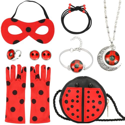 Meleager Marienkäfer Kostüm Zubehör Set, Tasche Marienkäfer, Marienkäfer Stulpen, Ohrringe, Stulpen, Maske, Halskette, Ring, 8 Stück Kostüm Accessoires Kinder, für Halloween Karneval Fasching Cosplay