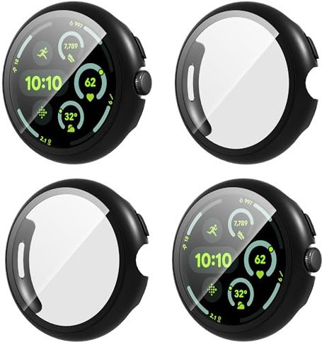 Diruite 4 Pezzi Cover per Google Pixel Watch 3 45mm Vetro Temperato Pellicola Protettiva PC Rigido Case Protettiva Ultrasottil Custodia,Nero