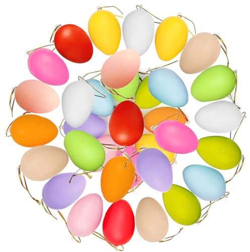 LGZIN 36 Stück Ostereier zum Aufhängen, Ostereier Plastik mit Schnur, Ostern Eier Bunt, Ostereier Dekoration, Kunststoff Ostereier, Osterdeko für Drinnen, Draußen und Osterstrauchdeko