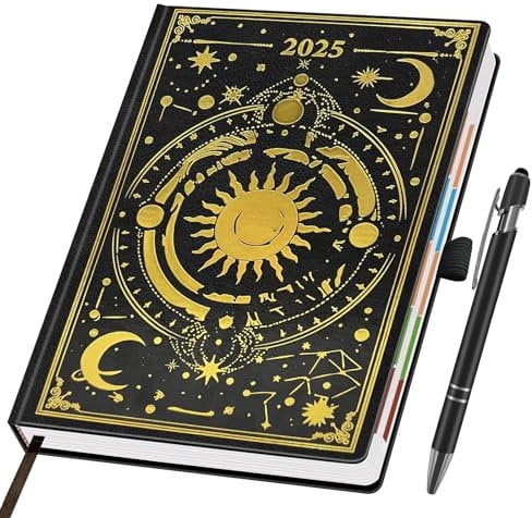 BELIAYAS Terminkalender 2025 A5, Kalender 2025, Minimalistischer Buchkalender, 12-Monate-Kalender (Jan.2025-Dez.2025), mit 1pcs Kugelschreiber(1.0mm), 1 Tag 1 Seite, 201 Seiten, Gold Schwarz