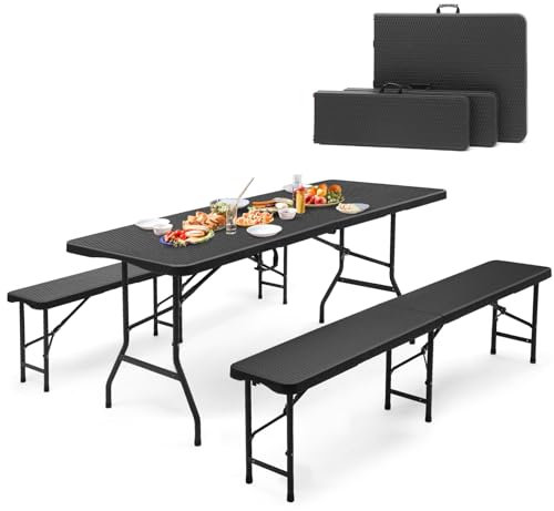 Sekey Bierzeltgarnitur Klappbar, Kunststoff Biertischgarnitur 180cm, 3-teilig Set Tisch + 2 x Bierbank mit Tragegriffe, Gartenmöbel Set für drinnen draußen, Festzeltgarnitur Rattan-Optik (Schwarz)