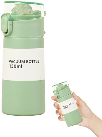 Small Flask 150ml with Straw, Stainless Steel Mini Water Bottle with One-Hand Open Design, Leak-Proof Small Thermos Flasks, Locking Lid and Carry Handle, Hot/Cold Retention(Green)