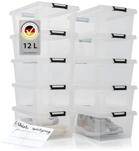 Hausfelder Aufbewahrungsboxen mit Deckel 12 Liter, 10 Stück, Stapelboxen transparent groß (Transparent, 10 x 12 L)