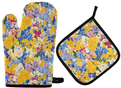 Beauty Spring Bunte Blumentopfhalter und Ofenhandschuhe, hitzebeständig, Küchenhandschuhe, 2 Stück, zum Backen, Grillen, Ofen