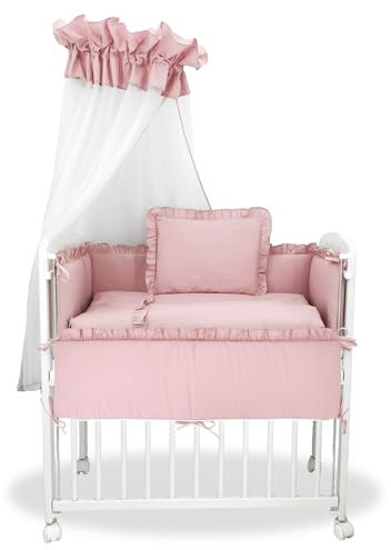 Baby Delux Beistellbett Set Babybett Komplett Set Stubenwagen weiß 90x40 mobil mit Rädern inkl. Bettwäsche Matratze (Royal Rosa Rüsche)