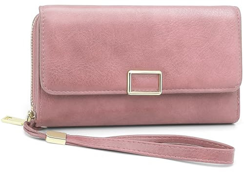 YERUUE Geldbörse Damen Gross aus PU Leder Geldbeutel Damen Groß mit RFID Schutz Lang Portemonnaie Frauen mit 18 Kartenfächern und abnehmbare Geldbörsen Armband (Rosa)