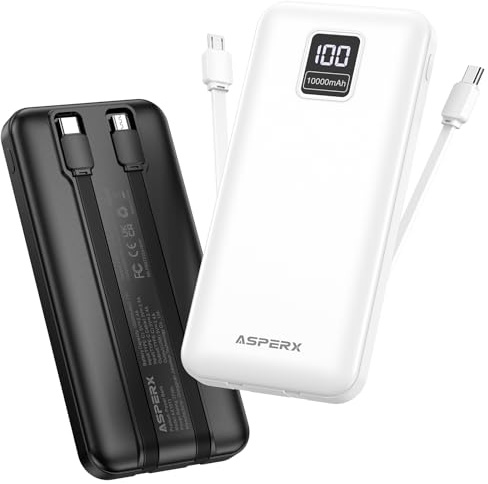 AsperX 2 Stück Powerbank 10000mAh mit USB-C Kabel Schnellladen | 4 in 1 Power Bank mit LED-Display,USB C Ein und Ausgang,Akkupack Kompatibel mit iPhone Samsung,für Reisen Camping
