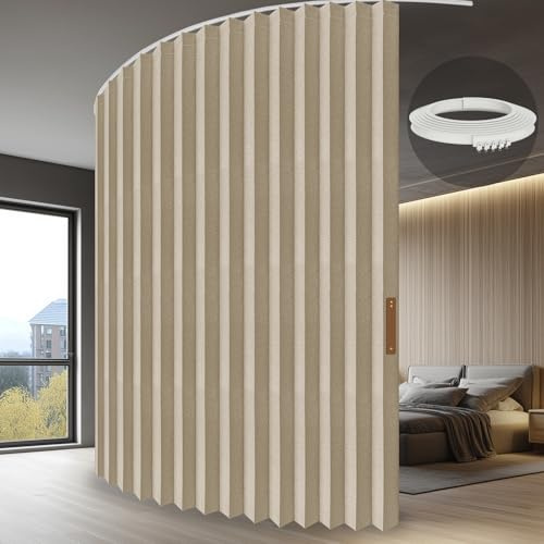 JILRON Accordion Folding Room Partition with Ceiling Track - Retractable Room Divider Curtain, Effortless Setup(Beige 100 W x 84 L-Pack of 1)