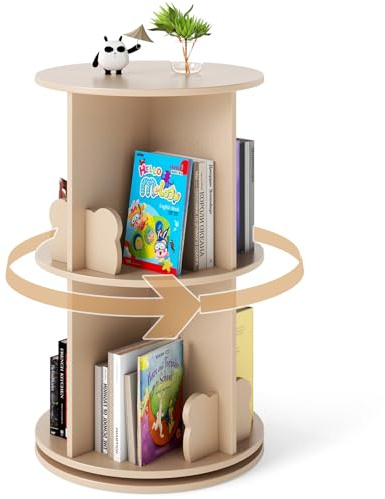 COSTWAY 3 Tier Kids Bookshelf, 360° Rotating Bookcase with Bookends, Floor Standing Book Tower Storage Rack for Small Space, Kids Room, Bedroom, Nursery (Coffee)