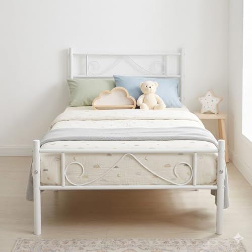 FurnitureR 3ft Single Metal Bed Frame, Metal Poweder Coated Bed With Sturdy Slat for Teenagers/Adults,for Bedroom, Student Dorm, Multiple scenes, with a unique design of the headboard,White