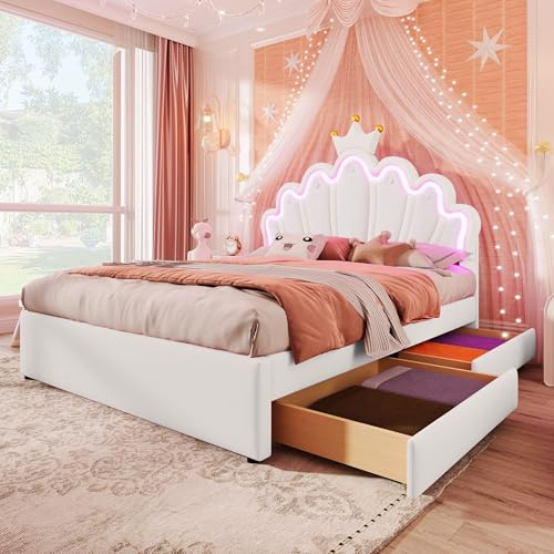 Dolamaní Mädchen Bett 140x200 cm Polsterbett Doppelbett aus PU-Leder mit LED Polster Kopfteil Prinzessinnenbett in Kronenform, 2 Schubladen, Lattenrost, ohne Matratze (Weiß)