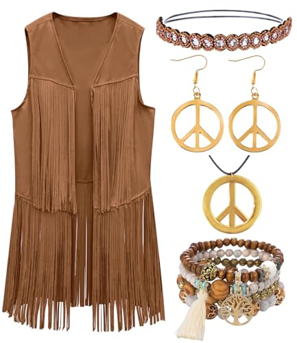 kasahara Hippie Kostüm Damen, 60er 70er Jahre Hippie Kleidung Fransenweste Hippie Accessoires Stirnband Brille Kette Armband für Schlagermove Faschingskostüme Festival Outfit