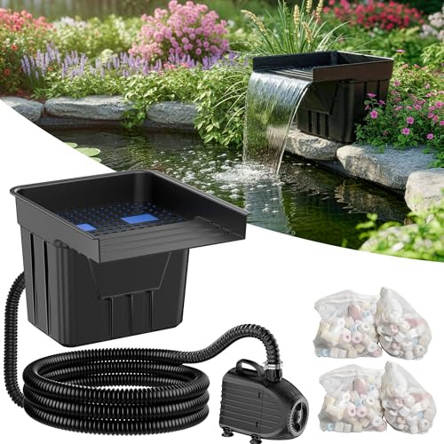 POPOSOAP Pond Waterfall with Filter Kit for Outdoor Garden Pond, Streams | Pond Waterfall Filter with 4500 L/h Pond Pump, 3m Corrugated Tubing, Filter Media for Water Features