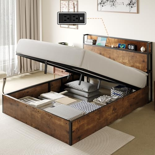 LUXOAK Bett mit Stauraum 160x200cm, Gasdruckfeder, Braun | Großer Stauraum mit Gasfedern | Kopfteil mit USB-Anschlüssen | stabiler Rahmen bis 450kg belastbar