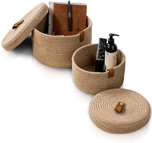 LUPATDY 2er Set Baumwollseil Aufbewahrungskorb mit Deckel, Ø 28cm & Ø 23cm, Korb Geflochten mit Griff, Organizer für Spielzeug, Kosmetik, für Schlafzimmer, Wohnzimmer, Badezimmer (Kaki)