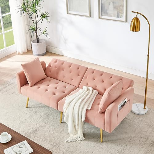 Ball & Cast Klappsofa, kleines Schlafsofa mit Schlaffunktion aus Samtstoff, 3-Fach verstellbare Winkel, praktische Mini-Couch für Wohnungen und Wohnzimmer, Rosa