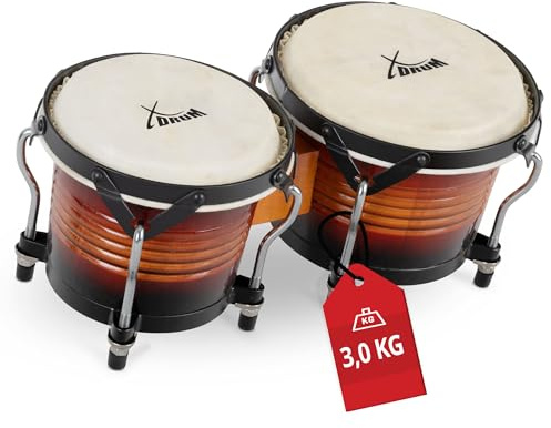 XDrum Bongos Pro Vintage Sunburst - 2 Trommeln mit 6,5 (17 cm) und 7,5 (20 cm) Durchmesser - Bongotrommeln mit stimmbaren Naturfellen und Stimmschlüssel - Holztrommeln Rotbraun