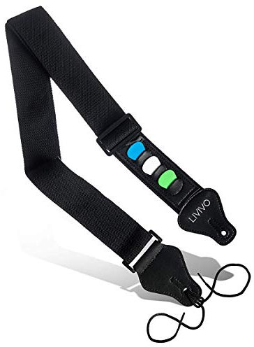 FiNeWaY Adjustable Guitar Strap with Leather Ends, Plectrum/Pick Holder and Shoelace Tie and Peg Aperture Ends