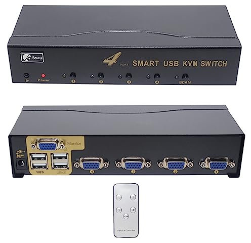 Conmutador KVM USB VGA, conmutador KVM 4 Puertos VGA 4 en 1 Control Remoto de Pantalla de Video proyector con 4 Cable VGA Original: para Win98 / ME / 2KP4 / XP / 2003, Linux, Mac (4 Puertos)