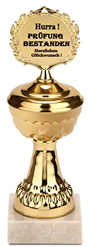 BRUBAKER Pokal - goldene Trophäe mit Marmorsockel - Geschenkidee zur bestandenen Prüfung - Motiv: Hurra! Prüfung bestanden