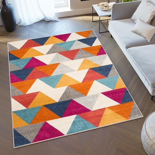 TAPISO Lazur Teppich Kurzflor Geometrisch Figuren Dreieck Rot Blau Grau Orange Rot Wohnzimmer Schlafzimmer Modern Design ÖKOTEX 140 x 190 cm