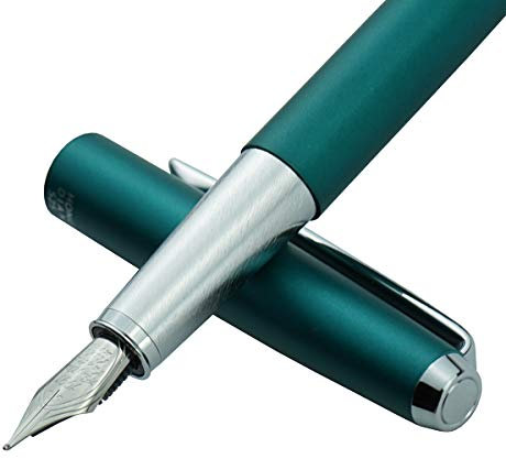 HongDian 525 Green Metal Fountain Pen Bent Nib, Calligraphy Fude Pen 0.6mm with Converter and Metal Box Set